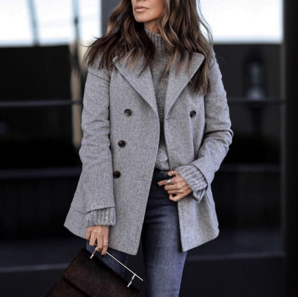 Suzy Shier Jackets & Blazers - Light Grey Wool Collared Pea Coat